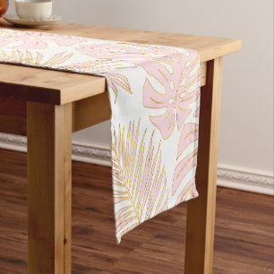 Blush and gold palm and monstera tropical leaves short table runner