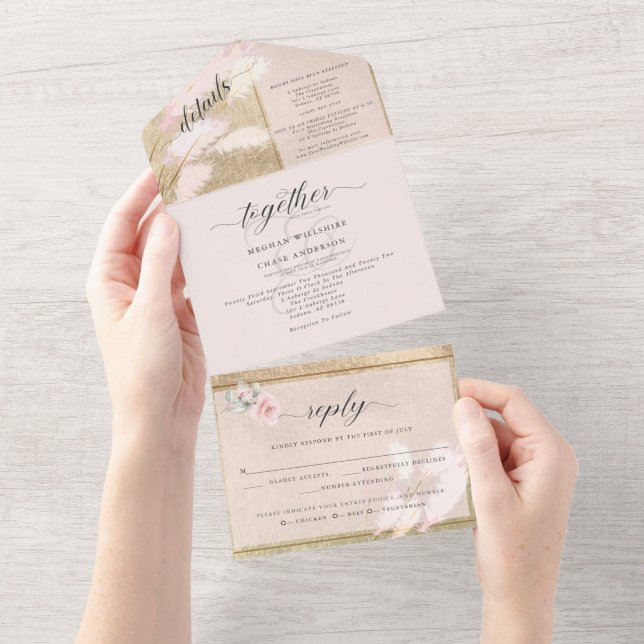 Blush and Gold Pampas Grass Wedding  All In One Invitation (Tearaway)