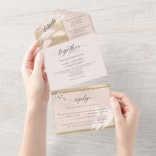 Blush and Gold Pampas Grass Wedding All In One Invitation