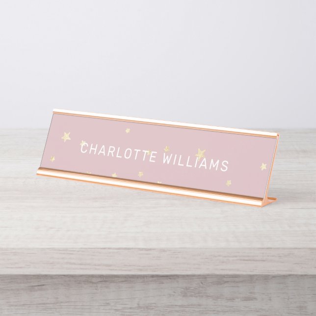 Blush and gold stars modern script desk name plate (Front)