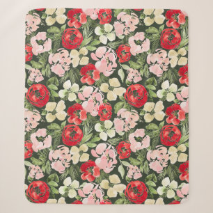 Blush and green Christmas Watercolor Flowers Dark  Sherpa Blanket