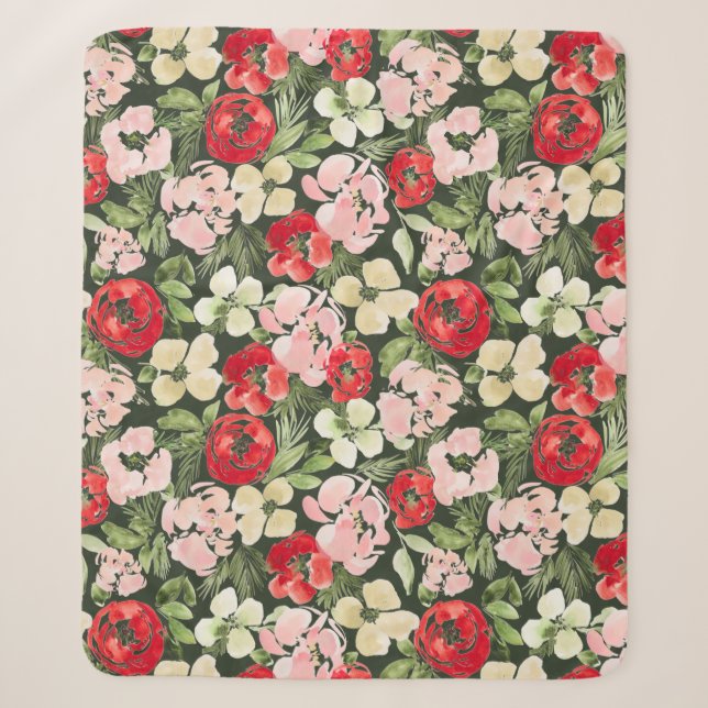 Blush and green Christmas Watercolor Flowers Dark  Sherpa Blanket (Front)