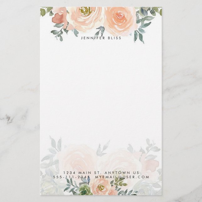 Blush and green watercolor floral personalized  stationery (Front)