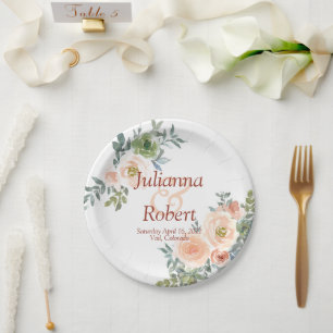 Blush and green watercolor floral  wedding  paper  paper plate