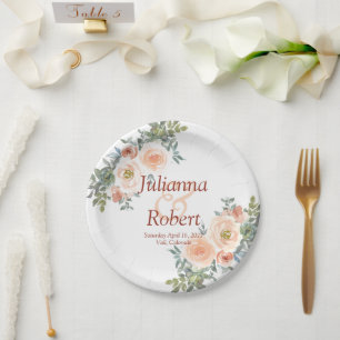 Blush and green watercolor floral  wedding  paper  plate