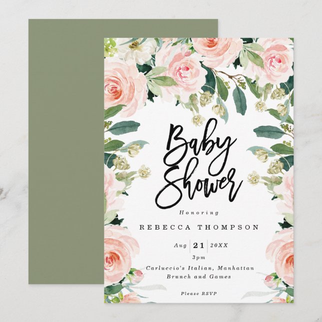 blush and greenery boho modern baby shower invitation (Front/Back)