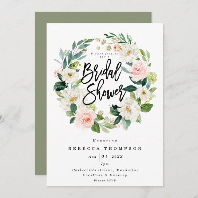 blush and greenery boho modern bridal shower invitation (Front/Back)