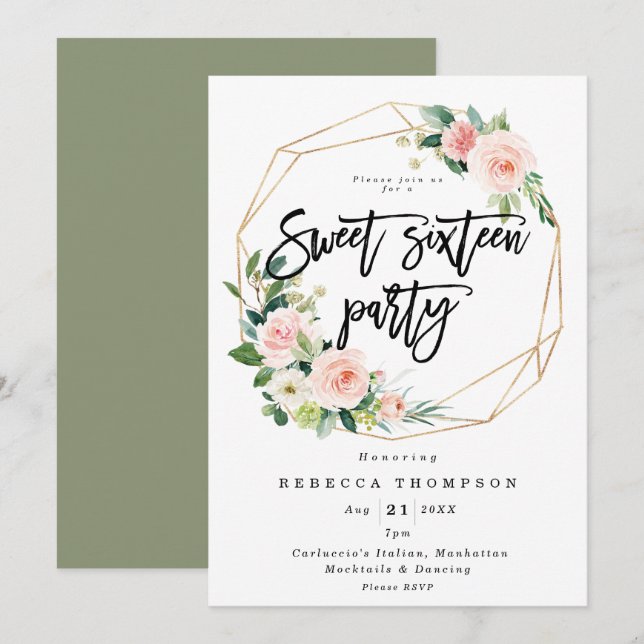 blush and greenery boho modern sweet 16 invitation (Front/Back)