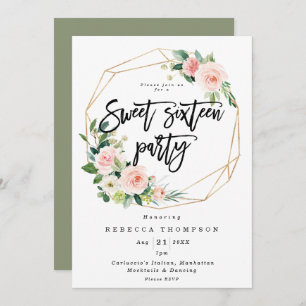 blush and greenery boho modern sweet 16 invitation