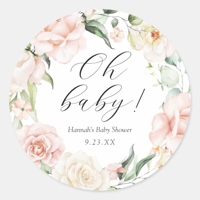 Blush and Greenery Oh Baby Classic Round Sticker (Front)
