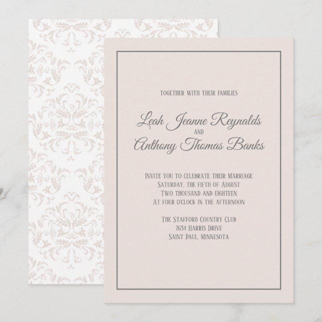 Blush and Grey Damask Elegant Formal Wedding Invitation (Front/Back)
