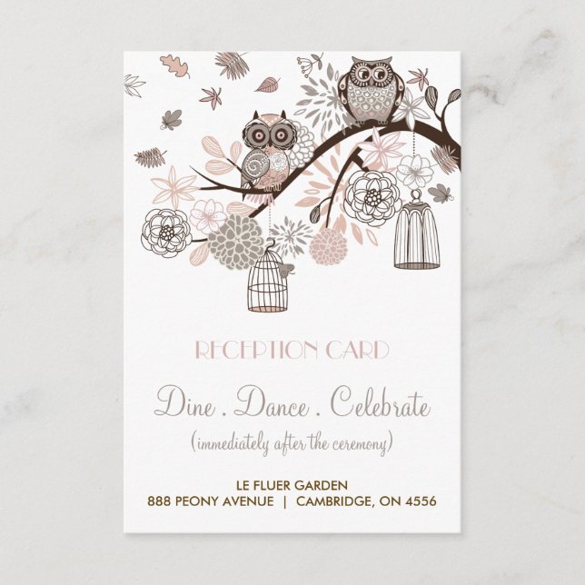 Blush and Grey Owls Wedding Reception Card (Front)