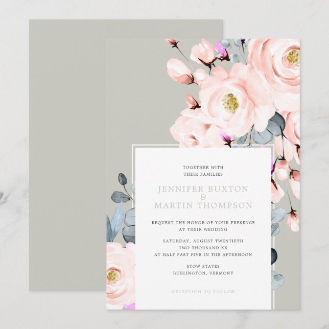 Blush and Grey Watercolor Floral Wedding Invitation (Front/Back)