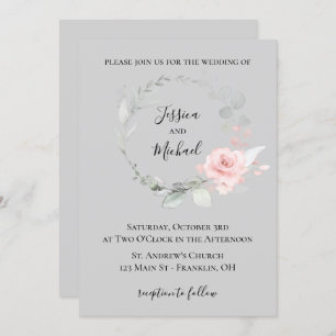 Blush and Grey Wedding Invitation - Rose Wreath