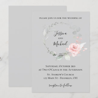 Blush and Grey Wedding Invitation - Rose Wreath