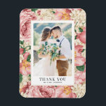 Blush and Ivory Flowers Photo Wedding Thank You Magnet<br><div class="desc">Celebrate your love and show gratitude with our customizable photo wedding thank you magnet! This unique keepsake is perfect for reminding your loved ones of your special day while expressing your heartfelt thanks in a memorable way. It features a vintage floral pattern of blush pink roses and peonies and ivory...</div>
