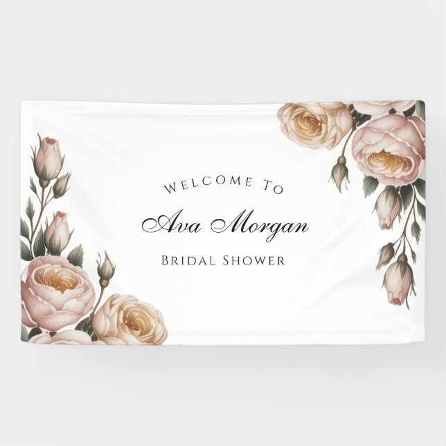 Blush and Ivory Rose Floral Bridal Shower Banner (Horizontal)
