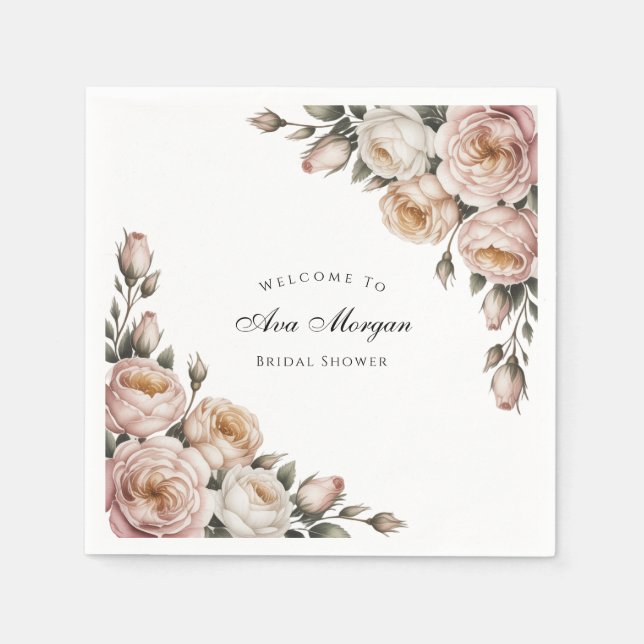 Blush and Ivory Rose Floral Bridal Shower Napkin (Front)