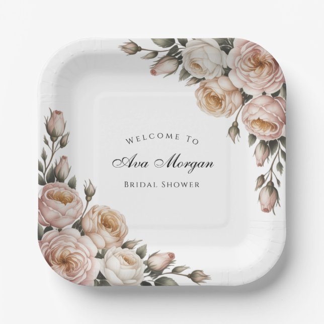 Blush and Ivory Rose Floral Bridal Shower Paper Plate (Front)