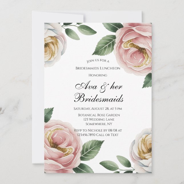 Blush and Ivory Rose Floral Bridesmaids Luncheon Invitation (Front)