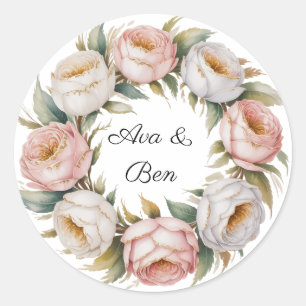Blush and Ivory Rose Floral Wreath Wedding Classic Round Sticker