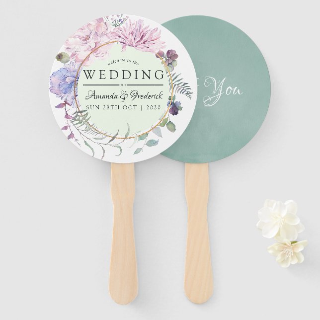 Blush and Mint Floral Geometric Wedding Favour Hand Fan (Front and Back)
