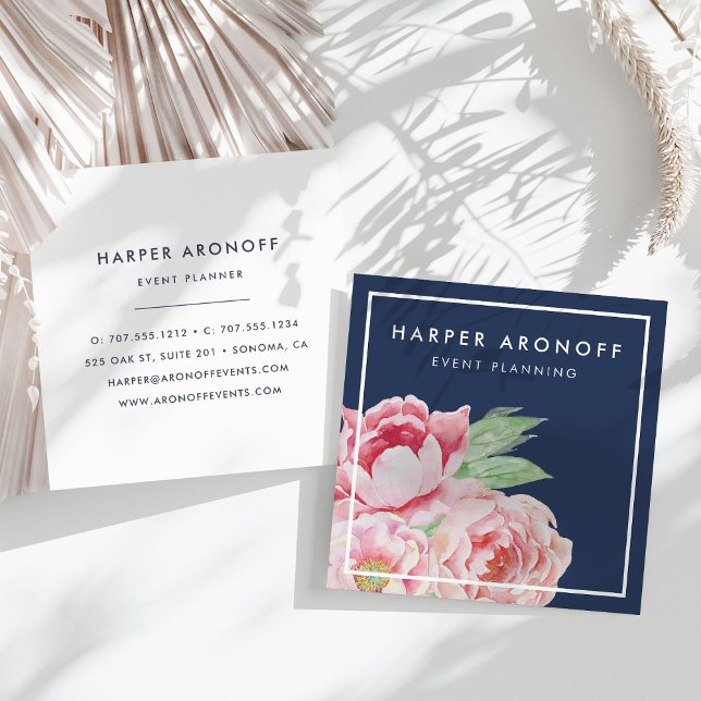 Blush and Navy Antique Peony Square Business Card (Creator Uploaded)
