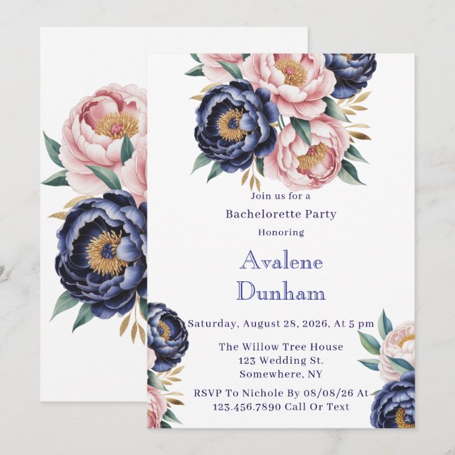 Blush and Navy Blue Peony Bachelorette Party Invitation (Front/Back)