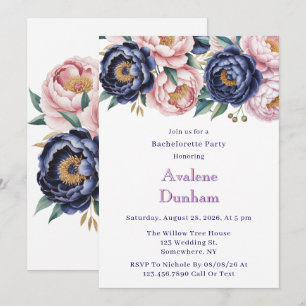 Blush and Navy Blue Peony Bachelorette Party Invitation