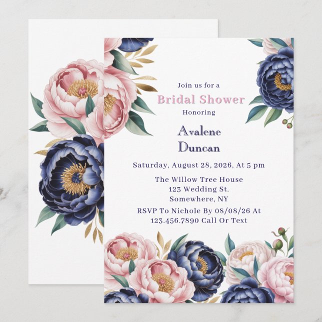 Blush and Navy Blue Peony Brunch and Bubbly Invitation (Front/Back)