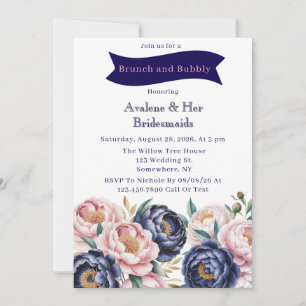 Blush and Navy Blue Peony Brunch and Bubbly Invitation