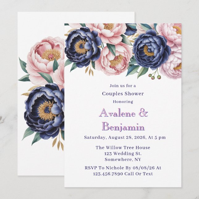Blush and Navy Blue Peony Couples Shower Invitation (Front/Back)