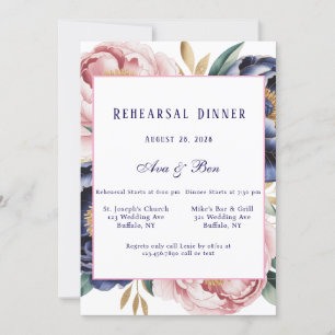 Blush and Navy Blue Peony Rehearsal Dinner Invitation