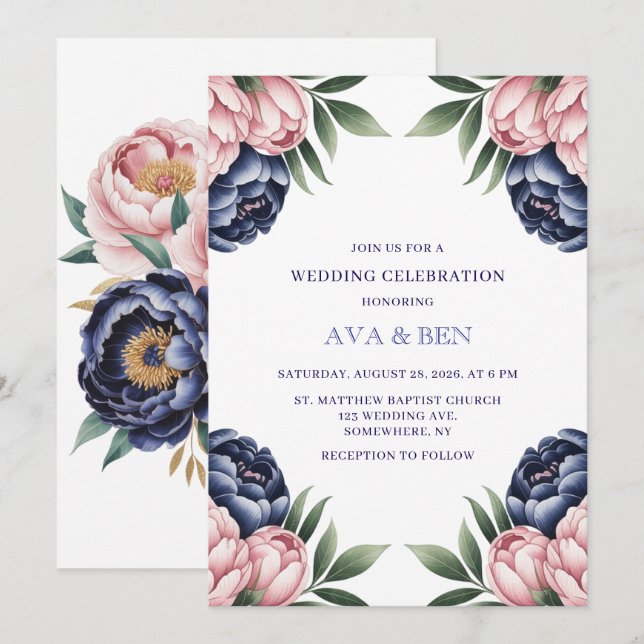 Blush and Navy Blue Peony Wedding Celebration Invitation (Front/Back)