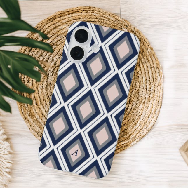 Blush and Navy Diamond Ikat Pattern Monogram Case-Mate iPhone Case (Creator Uploaded)