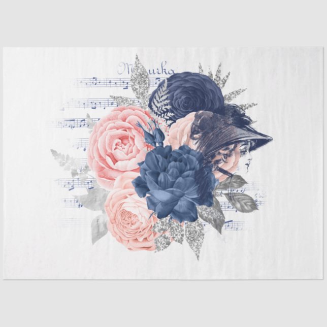 Blush and Navy Floral Ephemera Series Design 8 Tissue Paper (Front)
