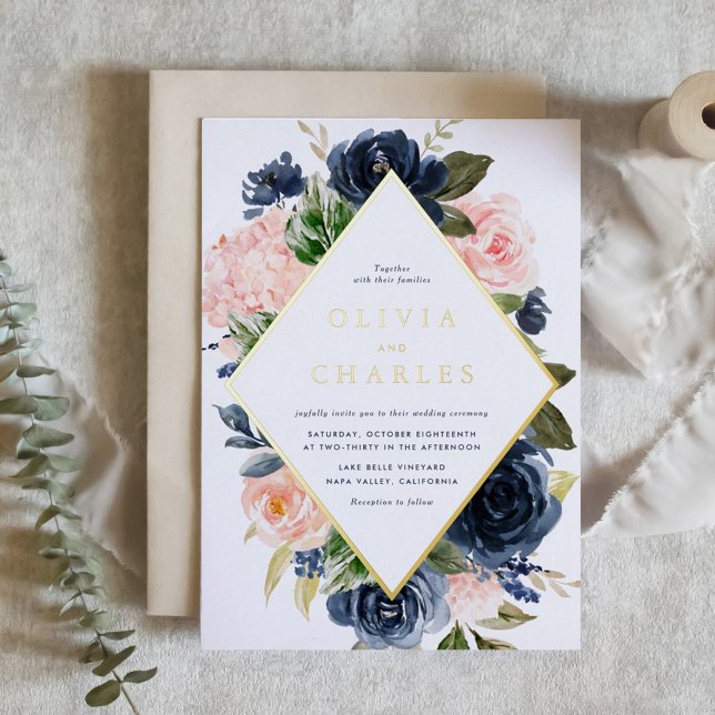 Blush and Navy Floral Frame QR Code Wedding (Watercolor Blush and Navy Blue Floral Frame Wedding Foil Invitation)