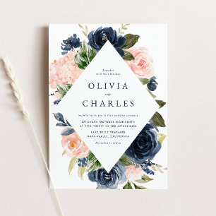 Blush and Navy Floral Frame QR Code Wedding Invitation