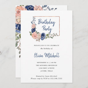 Blush and Navy Floral Geometric   Birthday Party Invitation