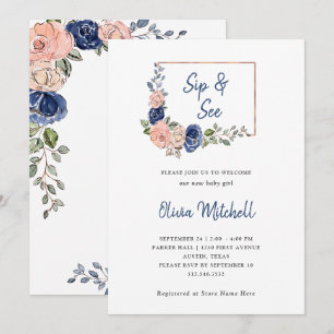 Blush and Navy Floral Geometric   Sip and See Invitation