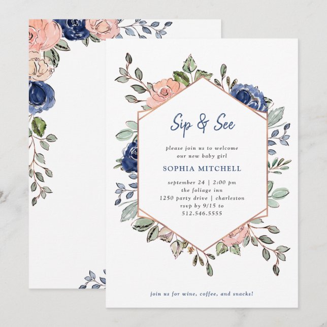 Blush and Navy Floral Geometric | Sip and See Invitation (Front/Back)