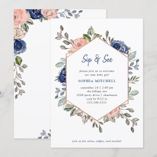 Blush and Navy Floral Geometric   Sip and See Invitation