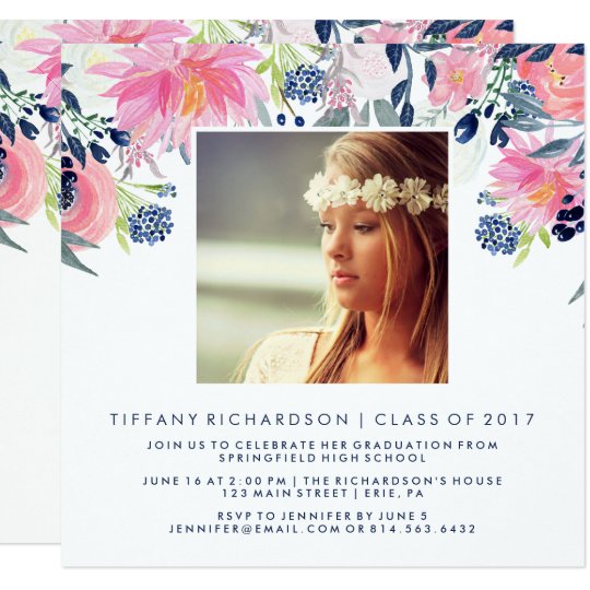 Blush and Navy Floral | Photo Graduation Party Card