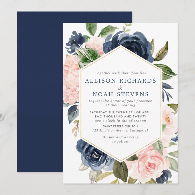 Blush and navy floral watercolors wedding invitation (Front/Back)