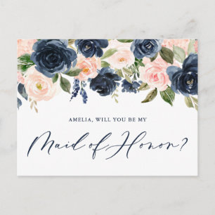 Blush and Navy Floral Will You Be My Maid of Honou Postcard