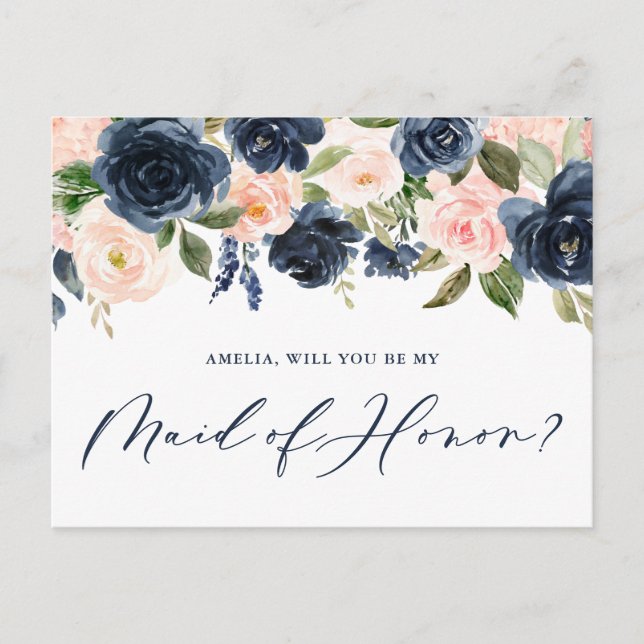 Blush and Navy Floral Will You Be My Maid of Honou Postcard (Front)