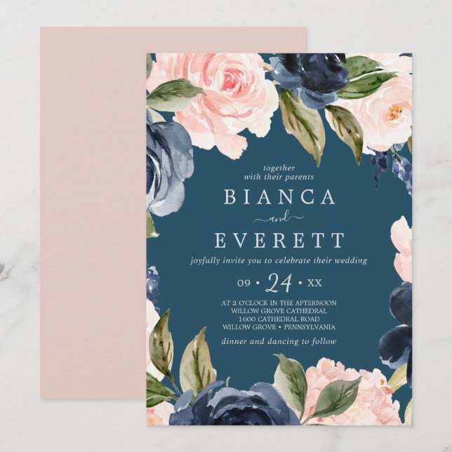 Blush and Navy Flowers | Blue Casual Wedding Invitation (Front/Back)