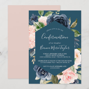 Blush and Navy Flowers   Blue Confirmation Invitation