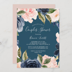 Blush and Navy Flowers   Blue Couples Shower Invitation