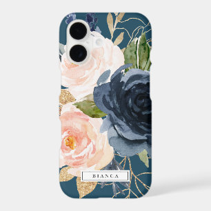 Blush and Navy Flowers Blue Personalized Name
